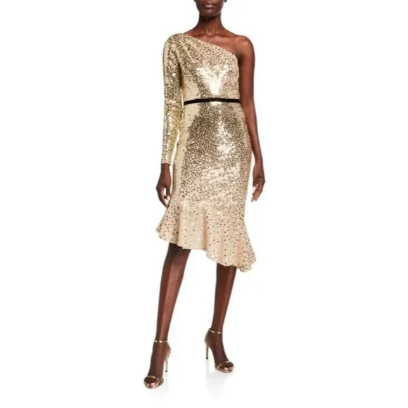 Marchesa Notte Degrade Sequin One-Shoulder Dress w/ Asymmetrical Ruffle Hem, Champagne, Women's, 0